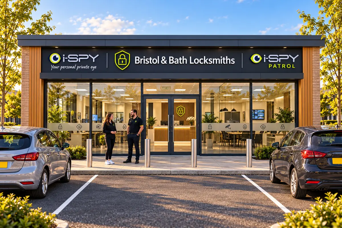 AI concept of a modern office frontage with Bristol & Bath Locksmiths, i-Spy CCTV and I-SPY Patrol signage, parking and visitors