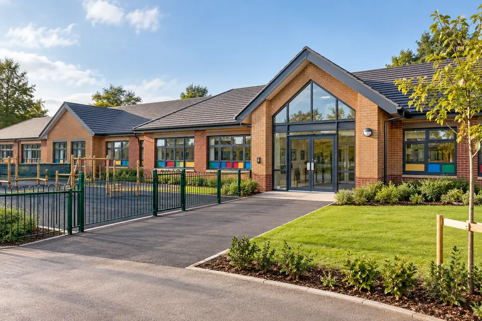 AI illustration of a British primary school entrance